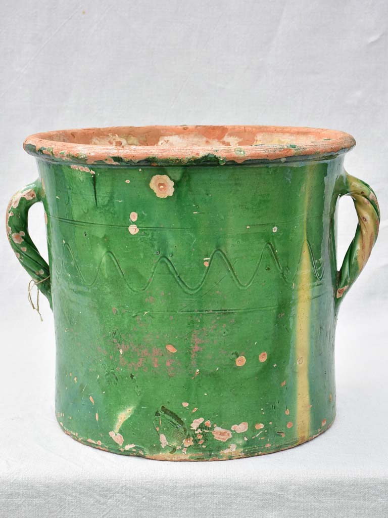 Large antique French pot / planter with two handles and green glaze