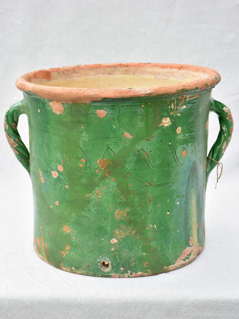 Large antique French pot / planter with two handles and green glaze