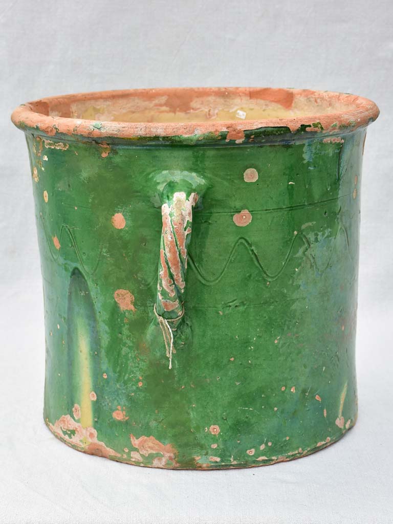 Large antique French pot / planter with two handles and green glaze