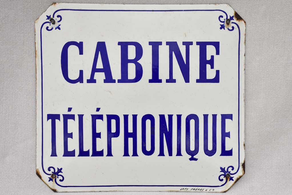 Vintage enamel sign "Cabine Telephonique" blue and white 15¾" x 14½"