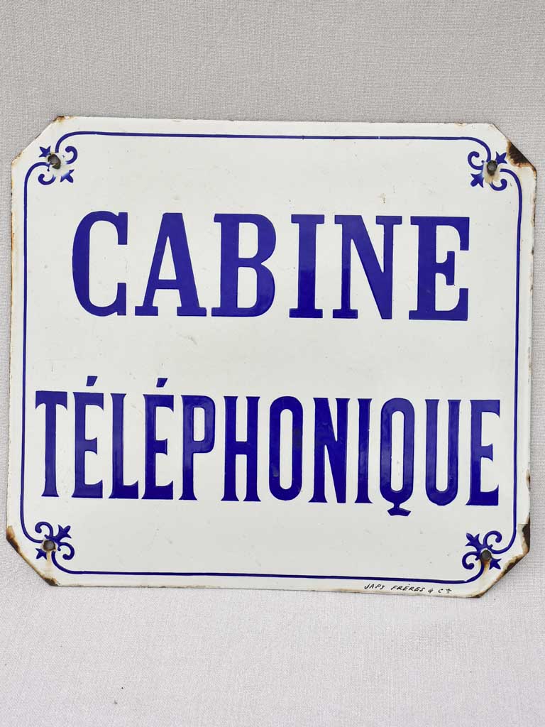 Vintage enamel sign "Cabine Telephonique" blue and white 15¾" x 14½"