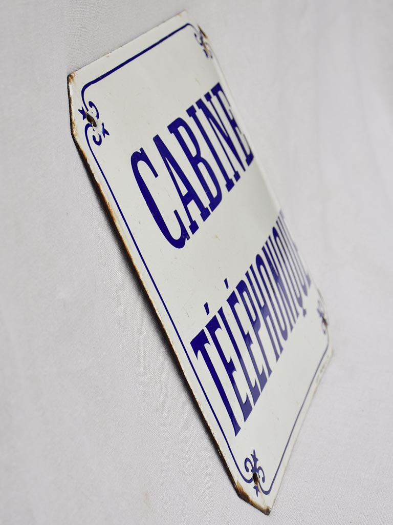 Vintage enamel sign "Cabine Telephonique" blue and white 15¾" x 14½"