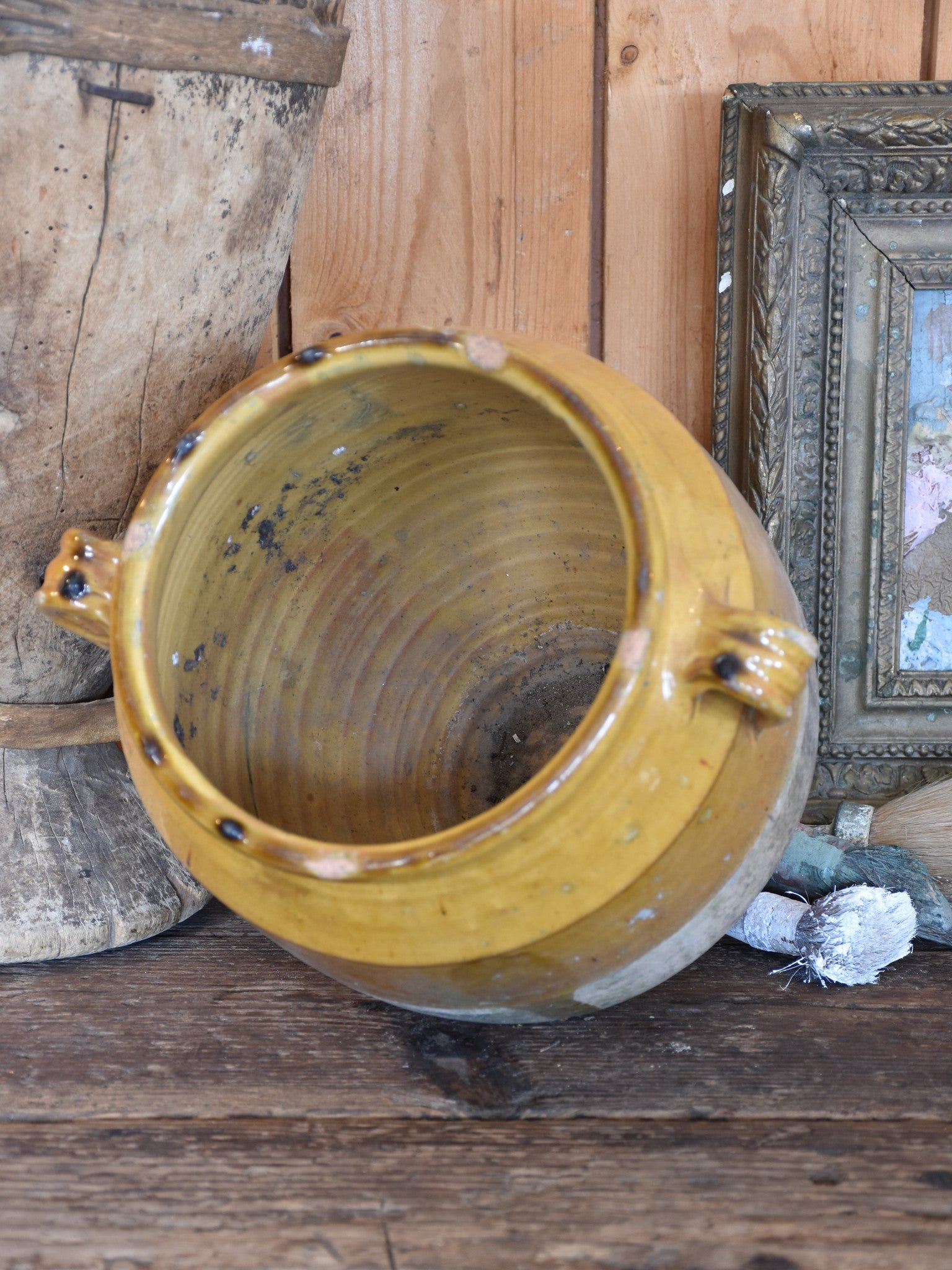 Confit pot, ocher glaze 12¼", late-19th-century