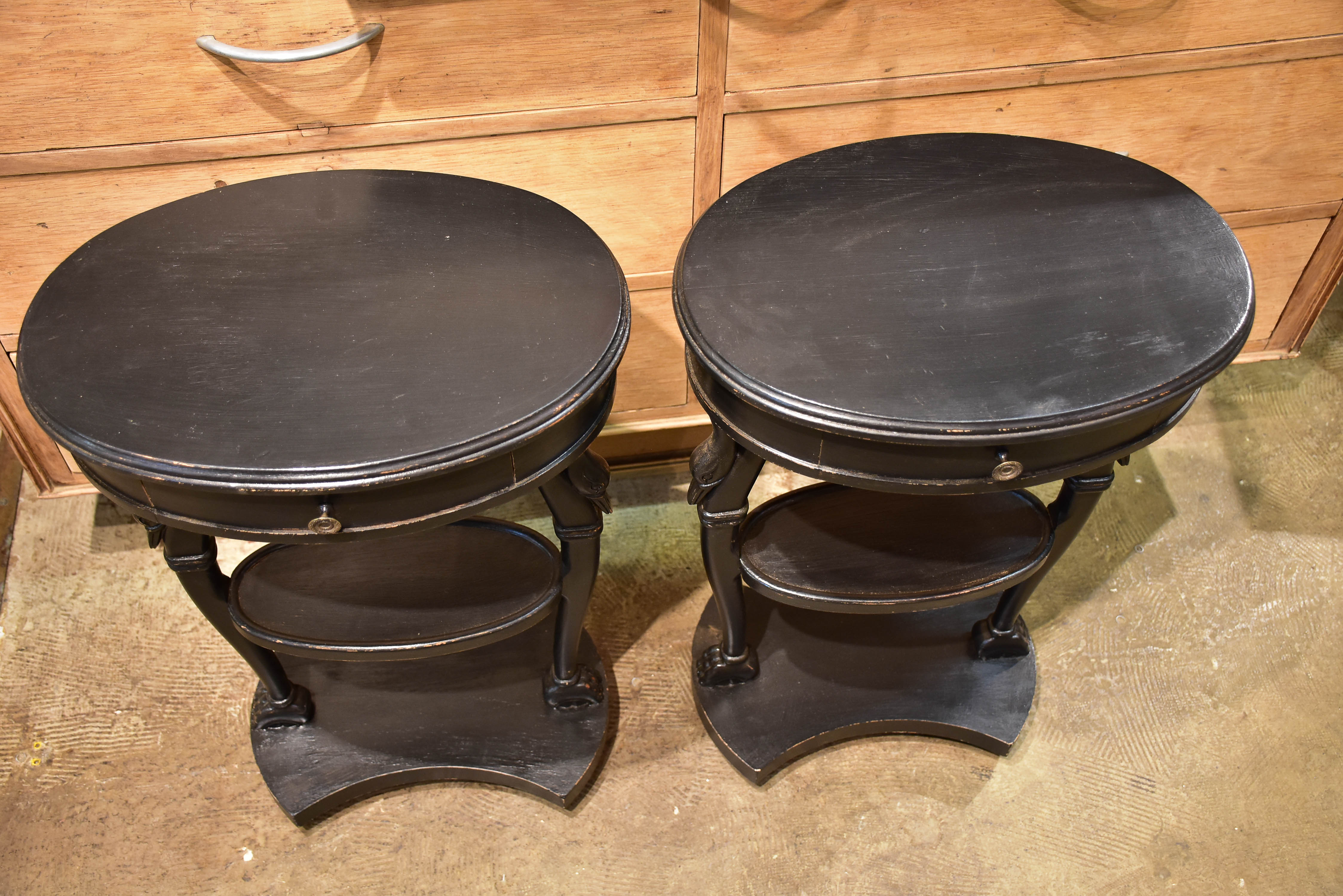 Pair of vintage French oval nightstands with black finish