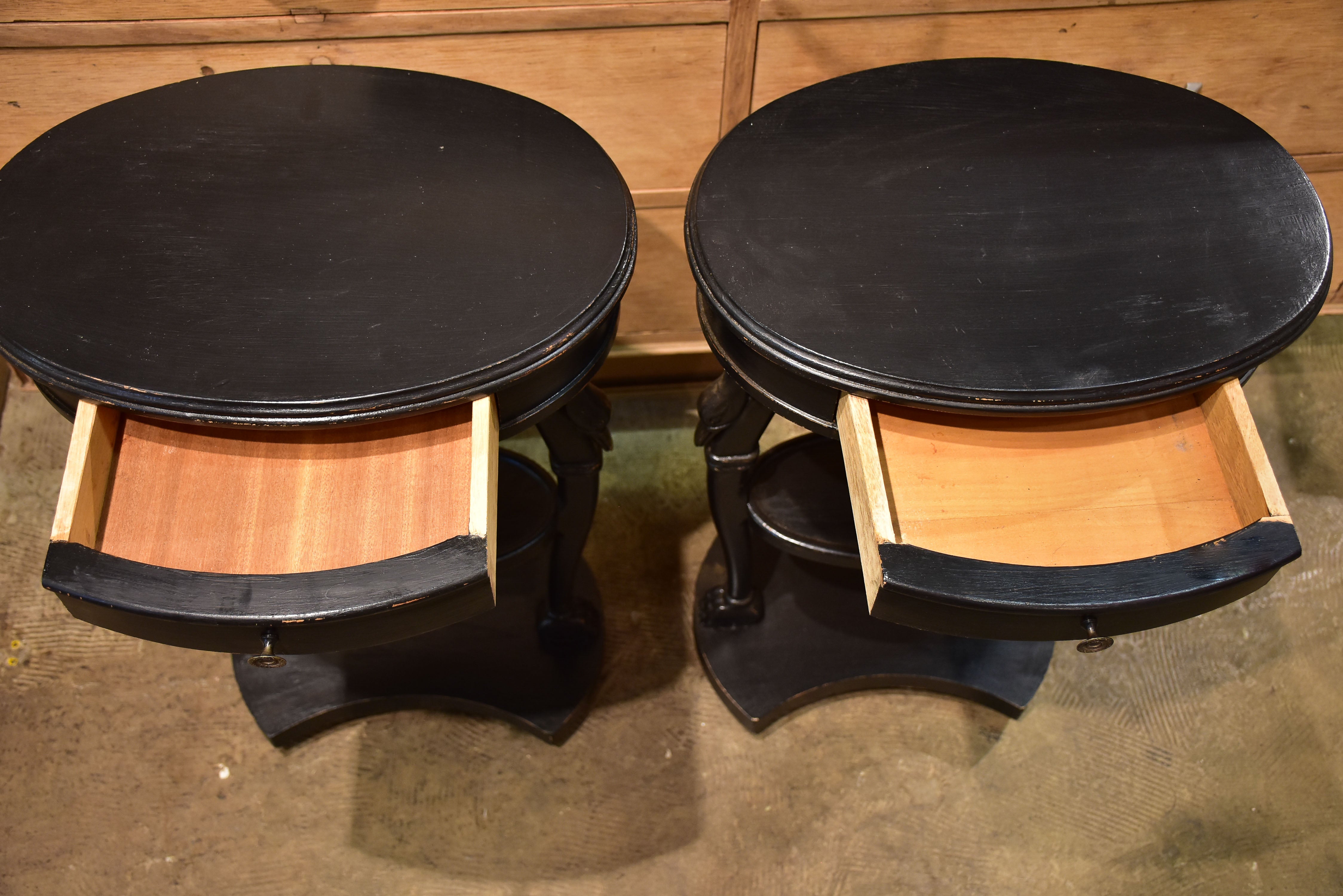 Pair of vintage French oval nightstands with black finish