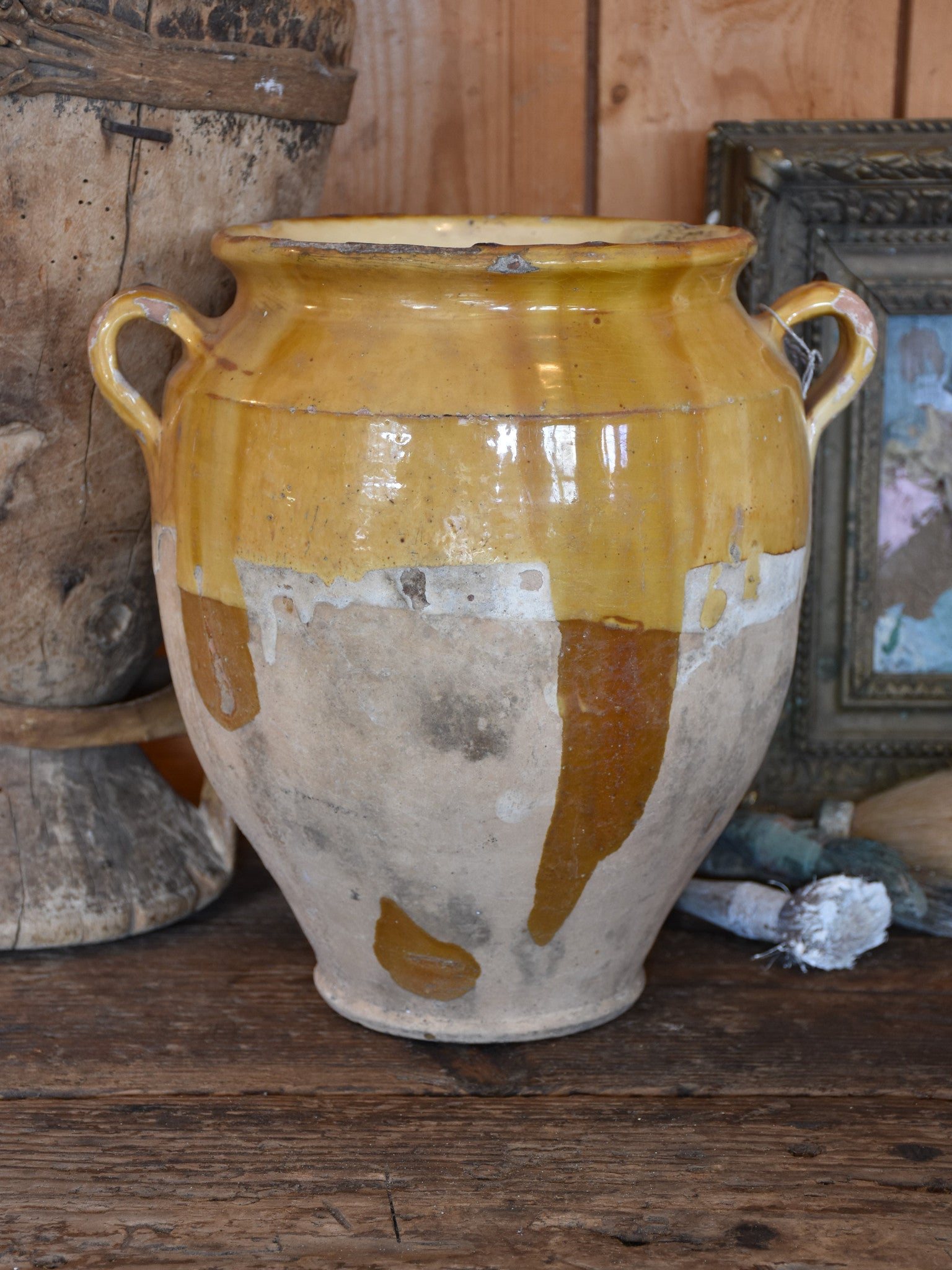 Big confit pot, ocher glaze 13", late-19th-century