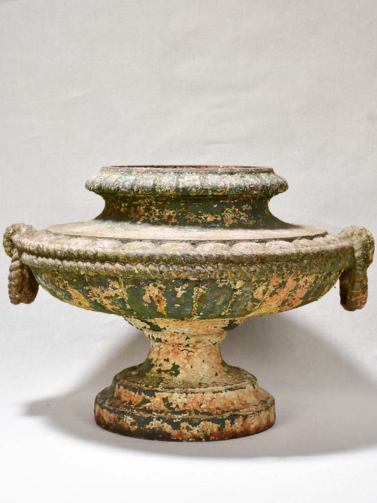 19th-century French cast iron garden urn with rope detail 18"