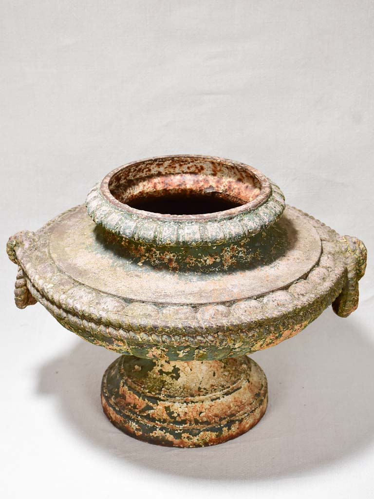 19th-century French cast iron garden urn with rope detail 18"