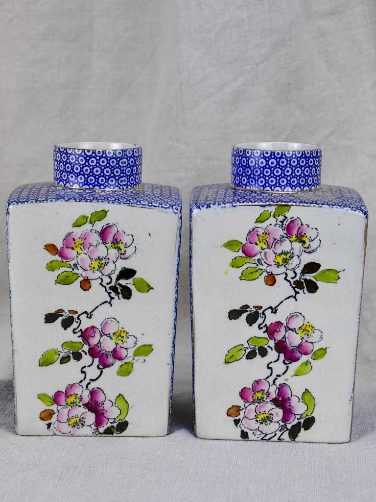 Pair of English jars / vases - blossom and blue pattern