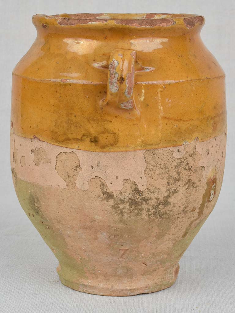 Small antique French confit pot with yellow ocher glaze 8¼"