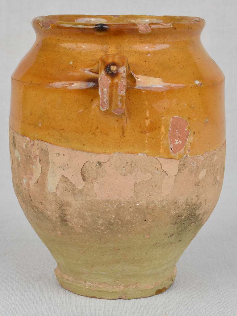 Small antique French confit pot with yellow ocher glaze 8¼"