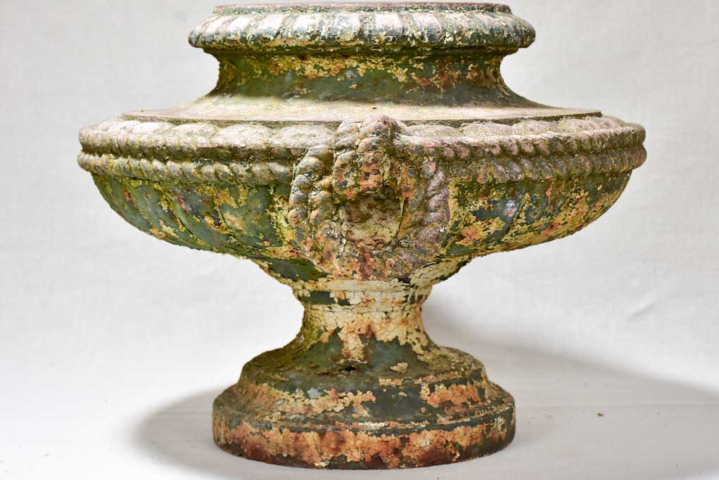 19th-century French cast iron garden urn with rope detail 18"