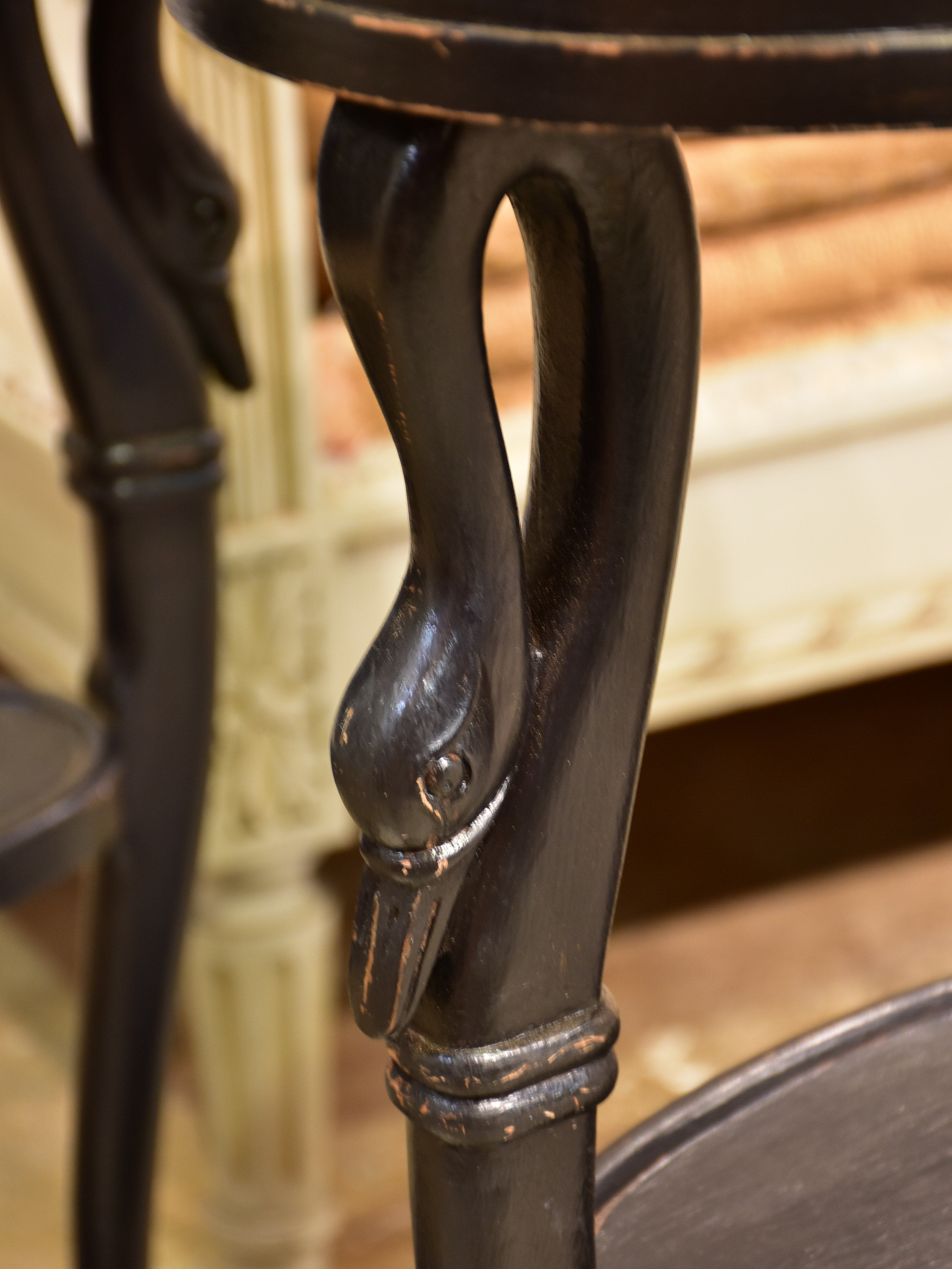 Pair of vintage French oval nightstands with black finish