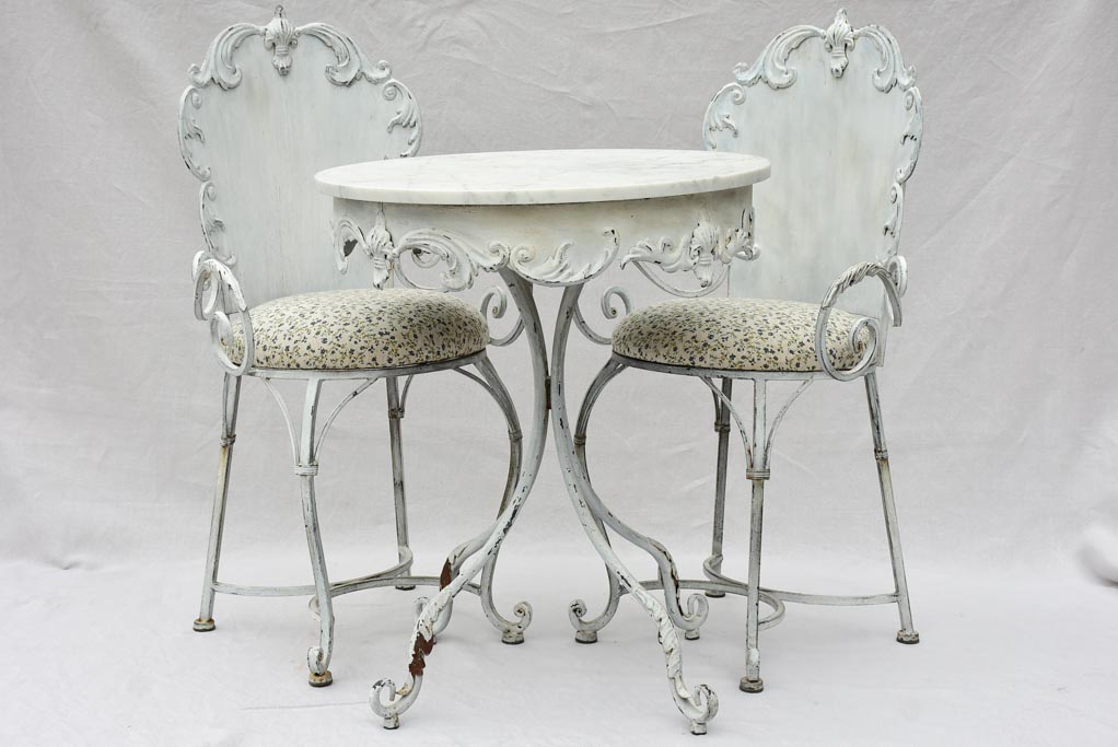 Pair of mid-century French garden armchairs and marble table - outdoor setting