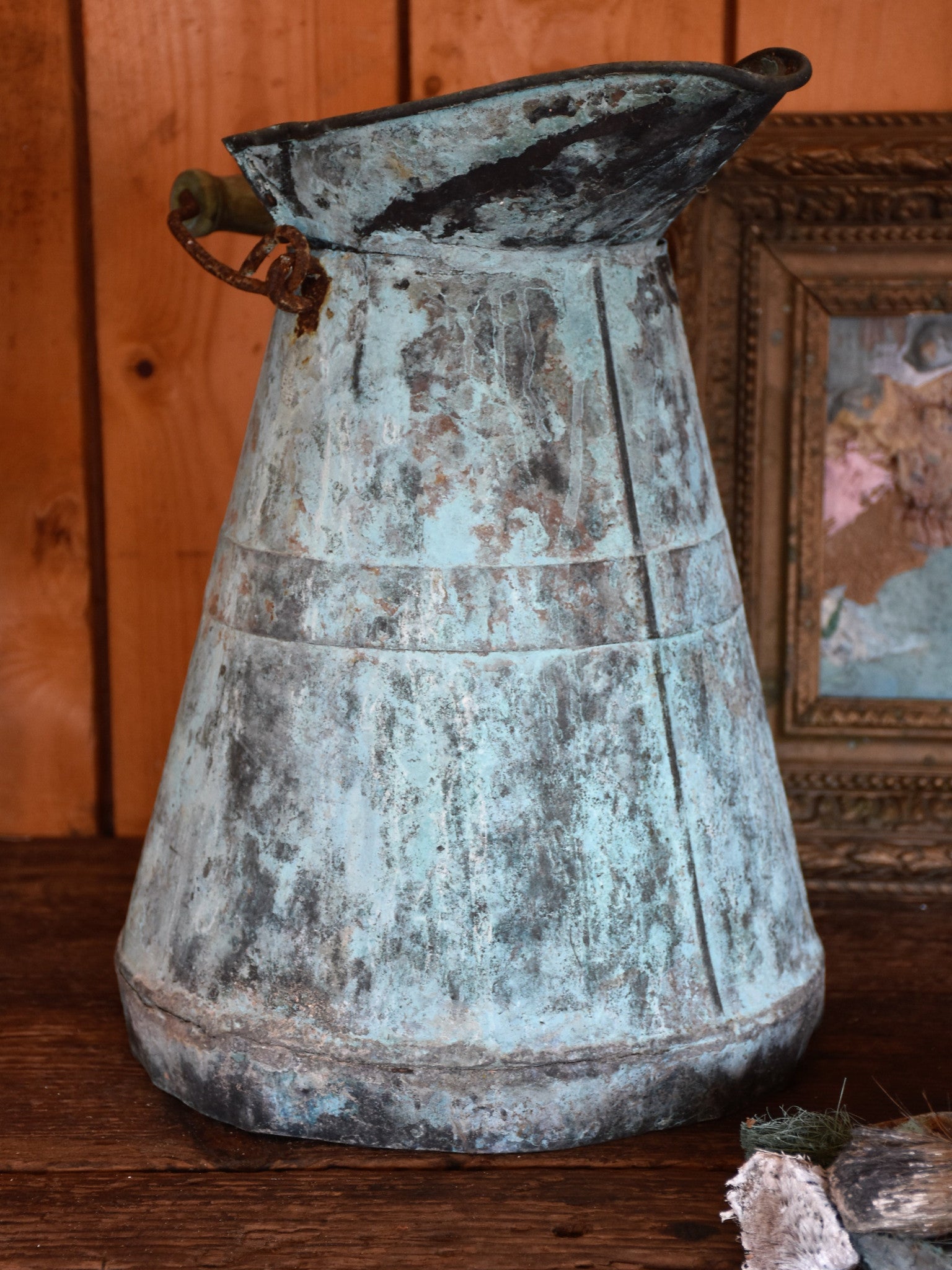 Late 19th century French watering can - copper with aqua patina