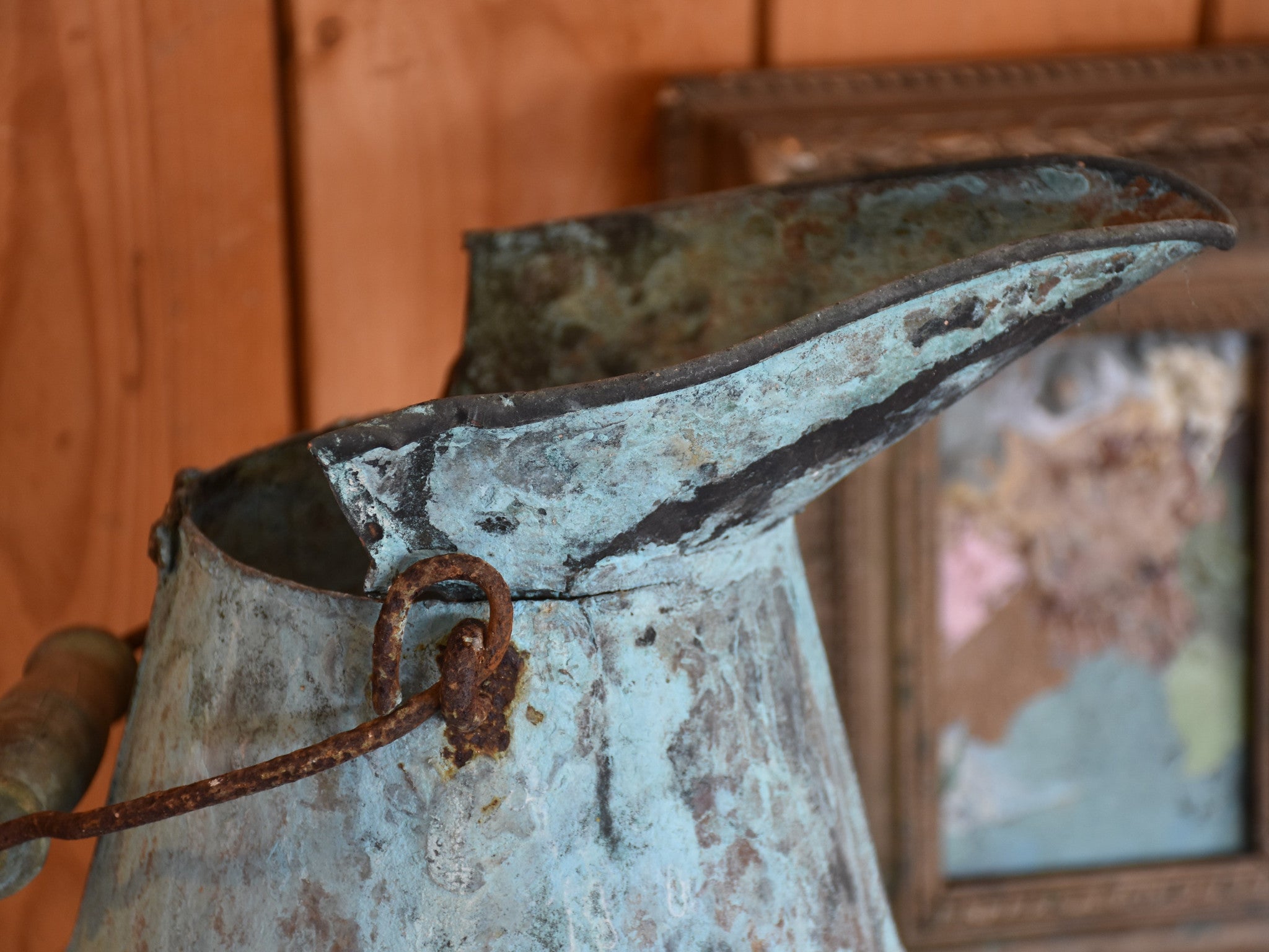 Watering can, copper aqua patina late-19th-century