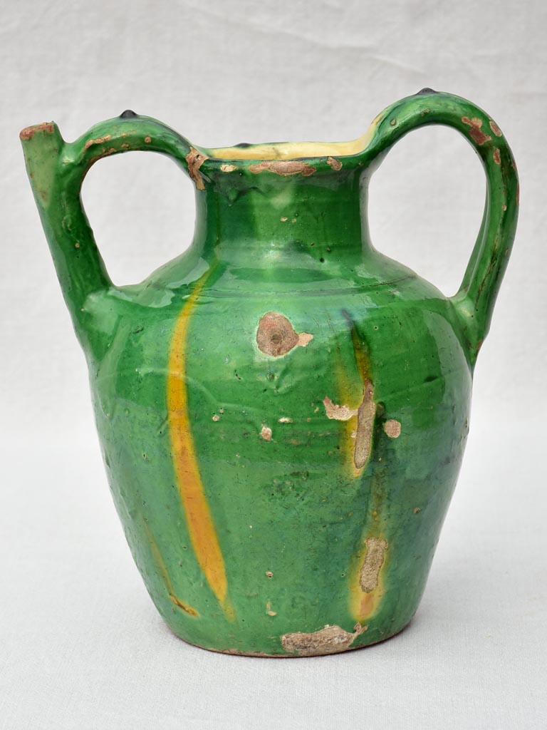 19th Century French water cruche with green and yellow glaze 12¼"