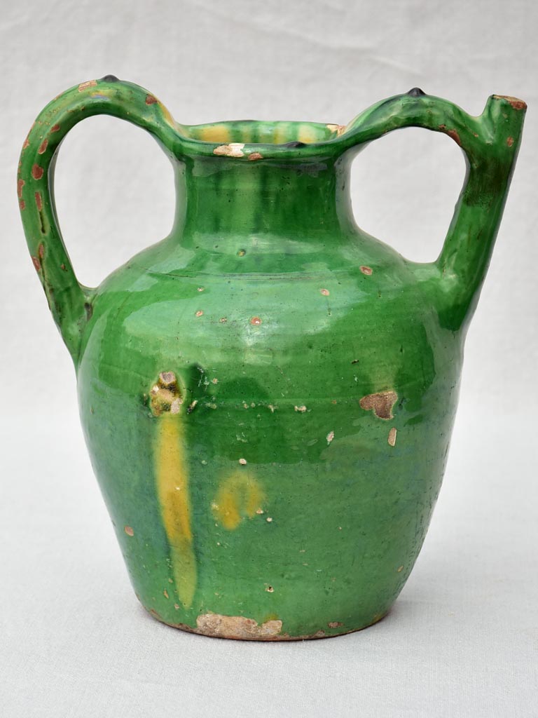 19th Century French water cruche with green and yellow glaze 12¼"