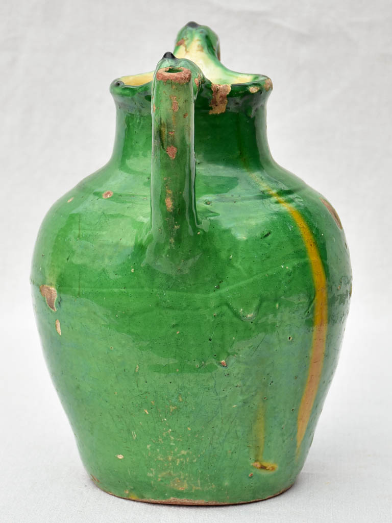 19th Century French water cruche with green and yellow glaze 12¼"