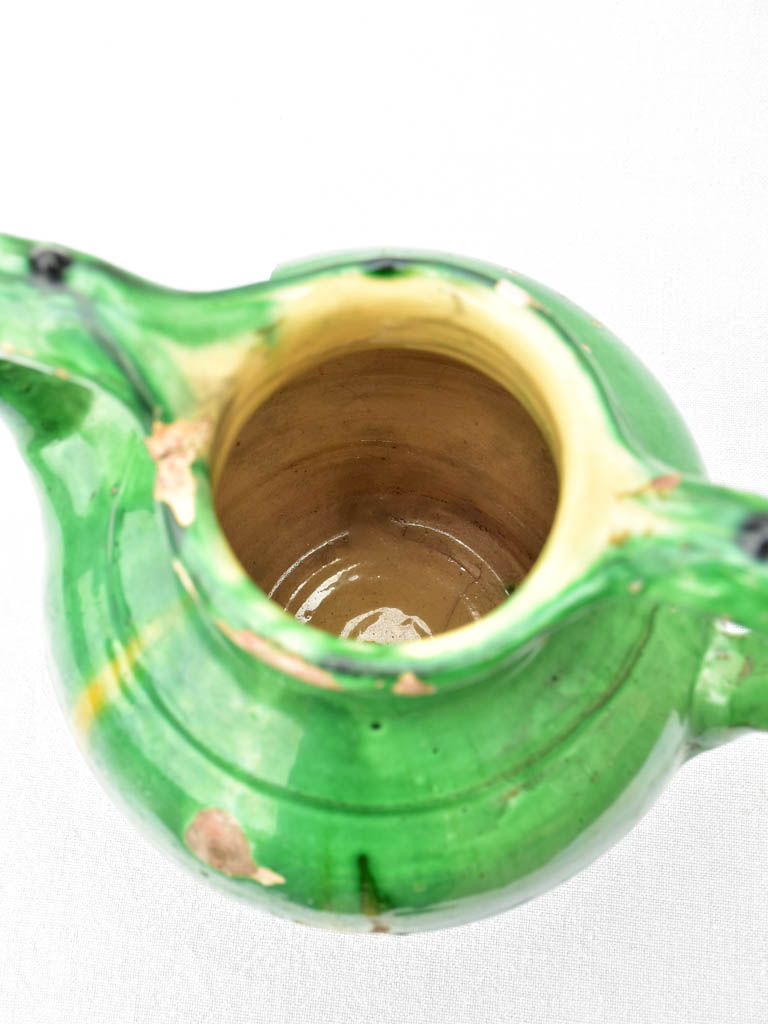 19th Century French water cruche with green and yellow glaze 12¼"