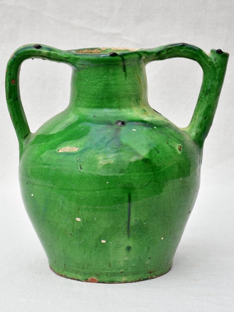 19th Century French water cruche with green glaze 12½"