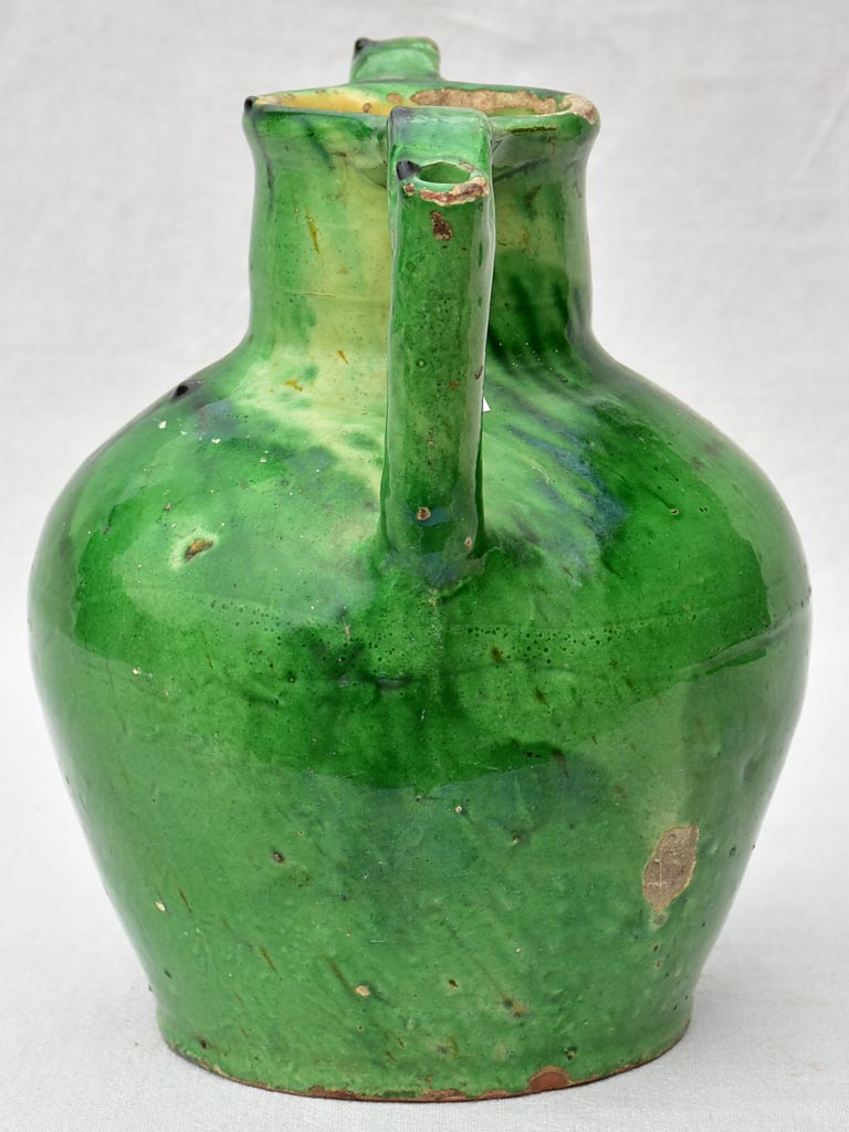 19th Century French water cruche with green glaze 12½"