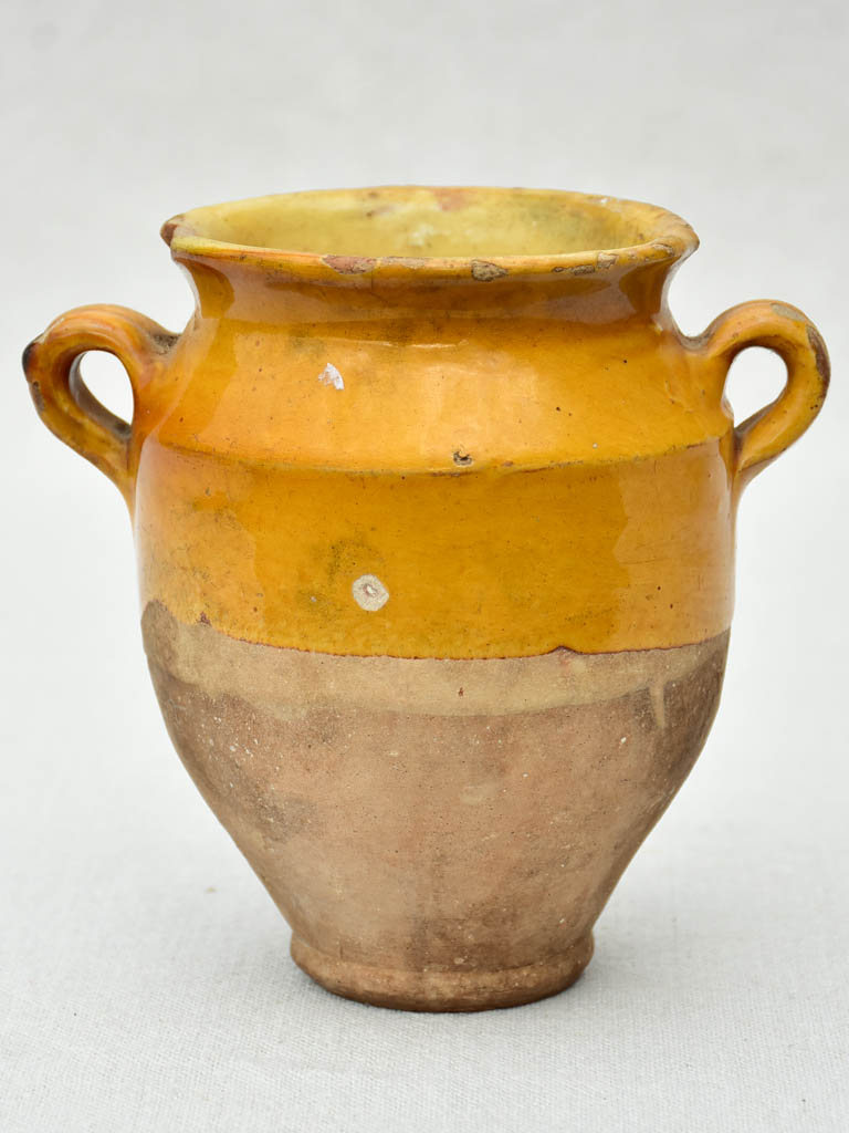 Very small antique French confit pot with yellow / orange glaze 6"