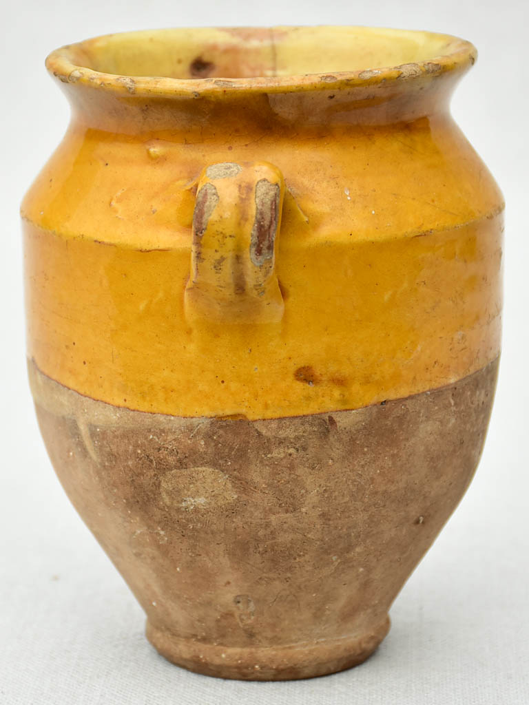 Very small antique French confit pot with yellow / orange glaze 6"