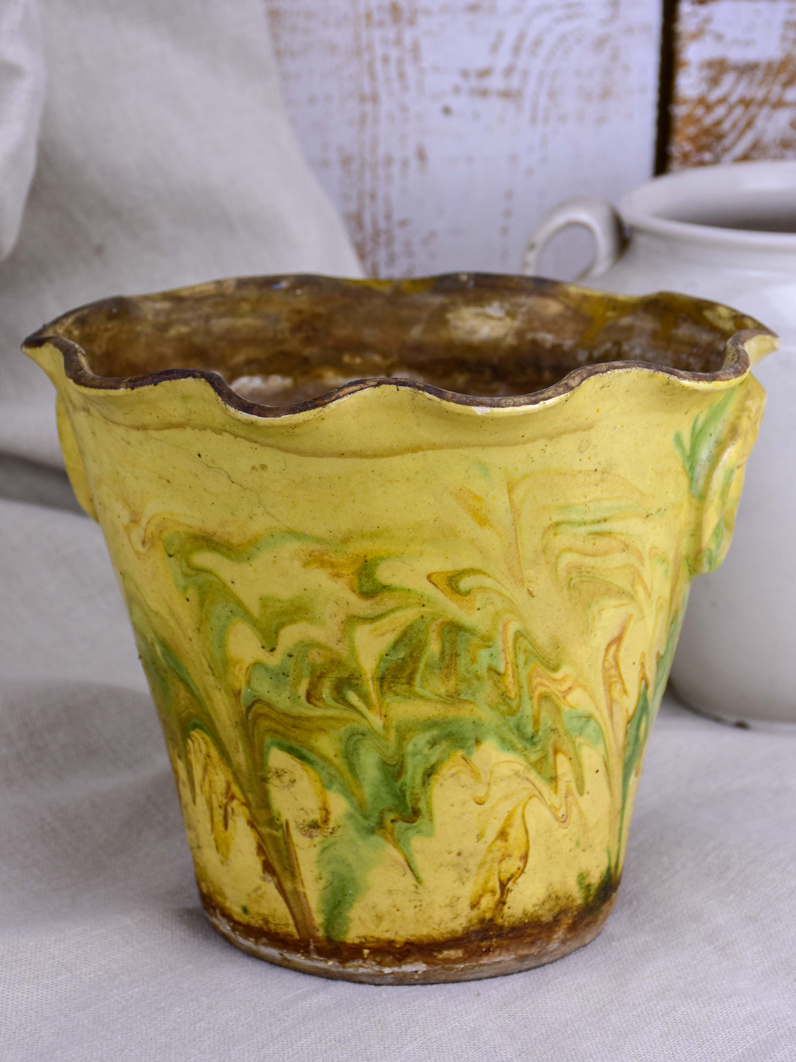 Antique French Jaspe pottery pot with swirl glaze