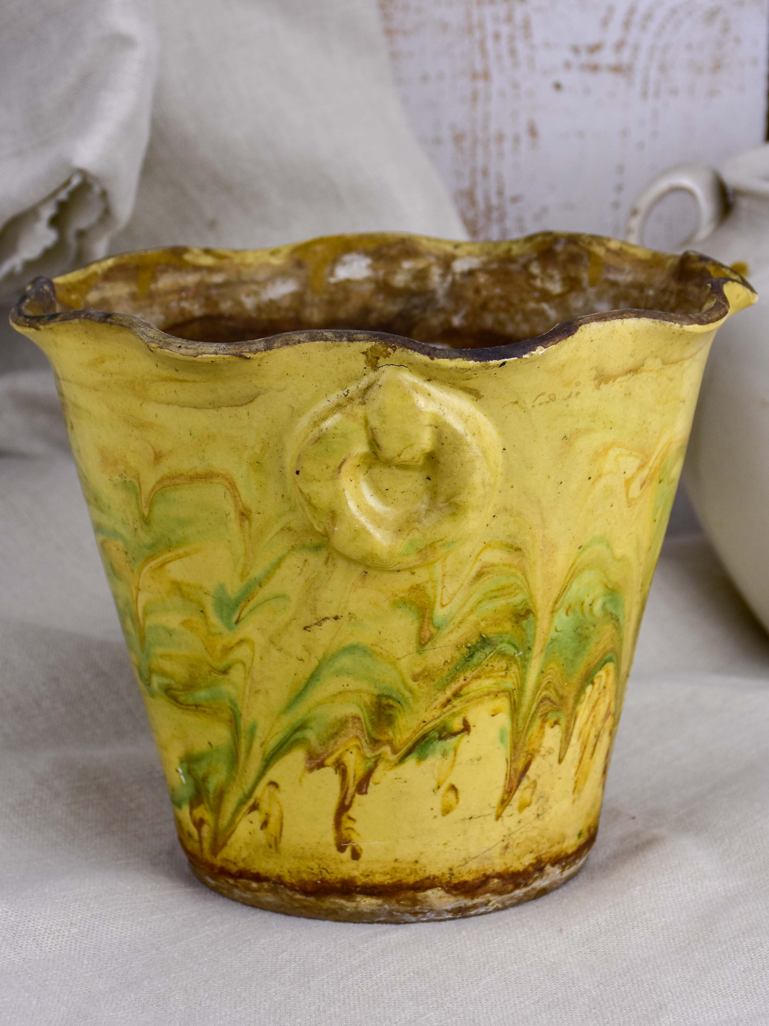 Antique French Jaspe pottery pot with swirl glaze