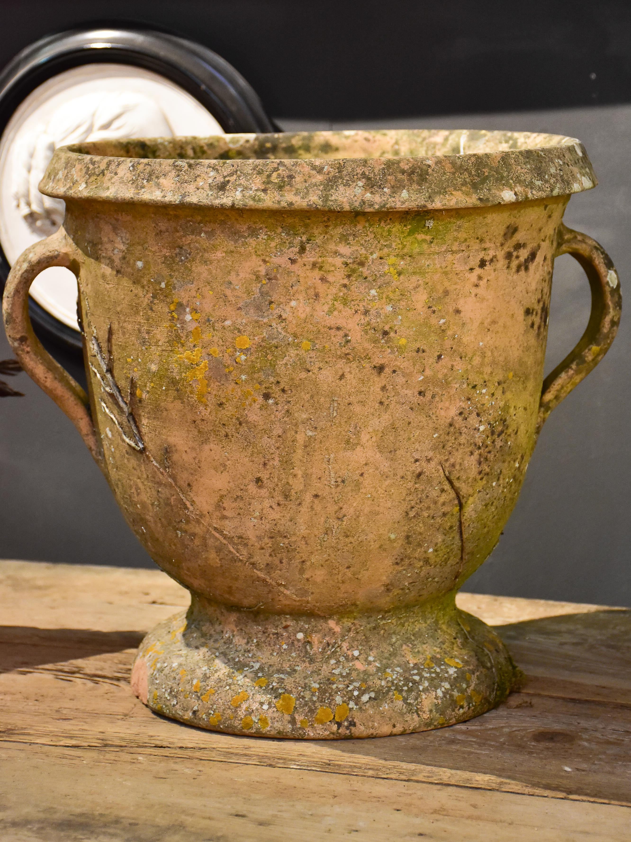 Vintage French terracotta garden planter with two handles