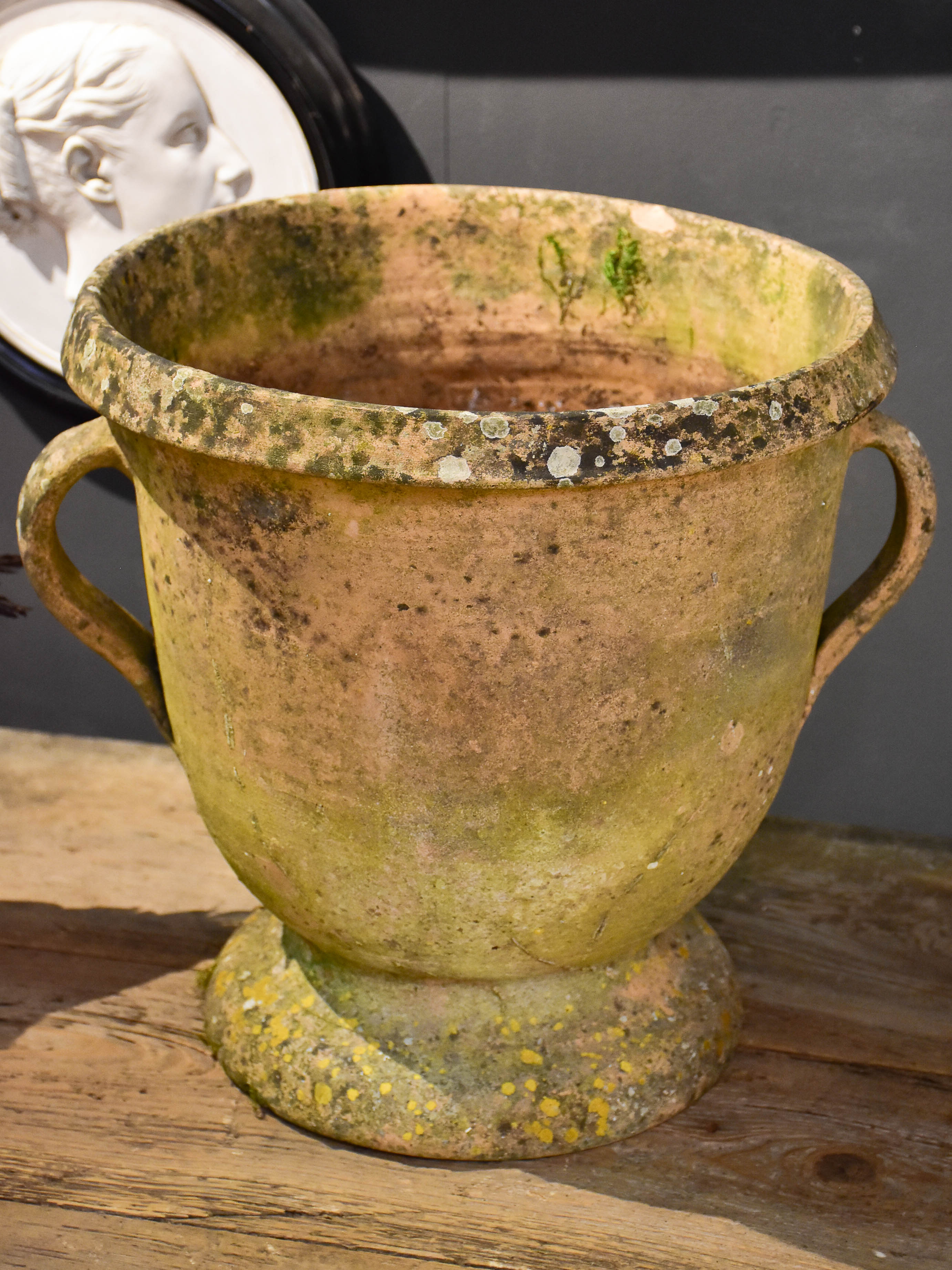 Vintage French terracotta garden planter with two handles