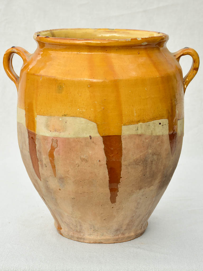 Very large antique French confit pot with yellow / orange glaze 14½"