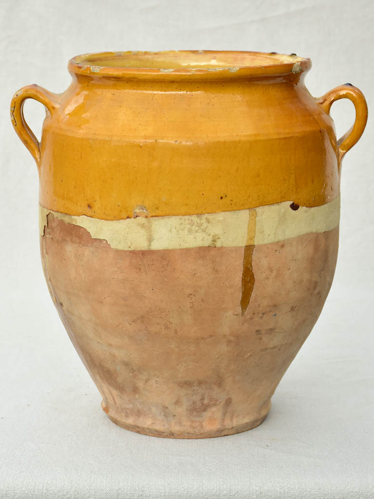 Very large antique French confit pot with yellow / orange glaze 14½"