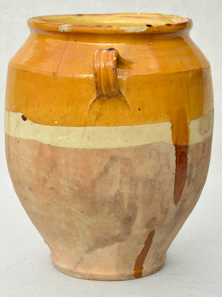 Very large antique French confit pot with yellow / orange glaze 14½"