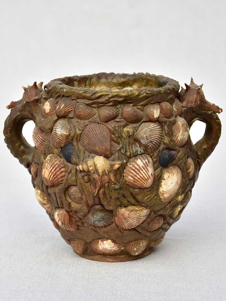 Unusual antique French confit pot covered in seashells 6"