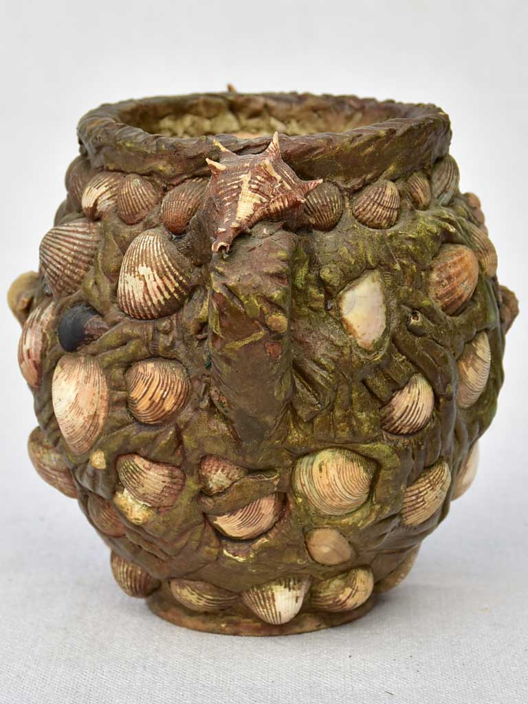 Unusual antique French confit pot covered in seashells 6"