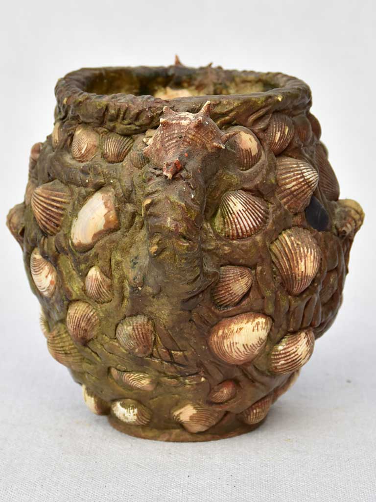 Unusual antique French confit pot covered in seashells 6"