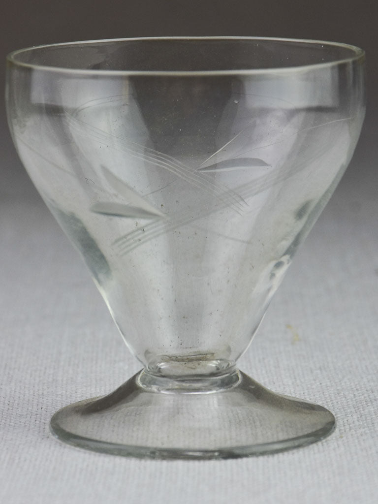 Six 1950's aperitif glasses with etched flowers