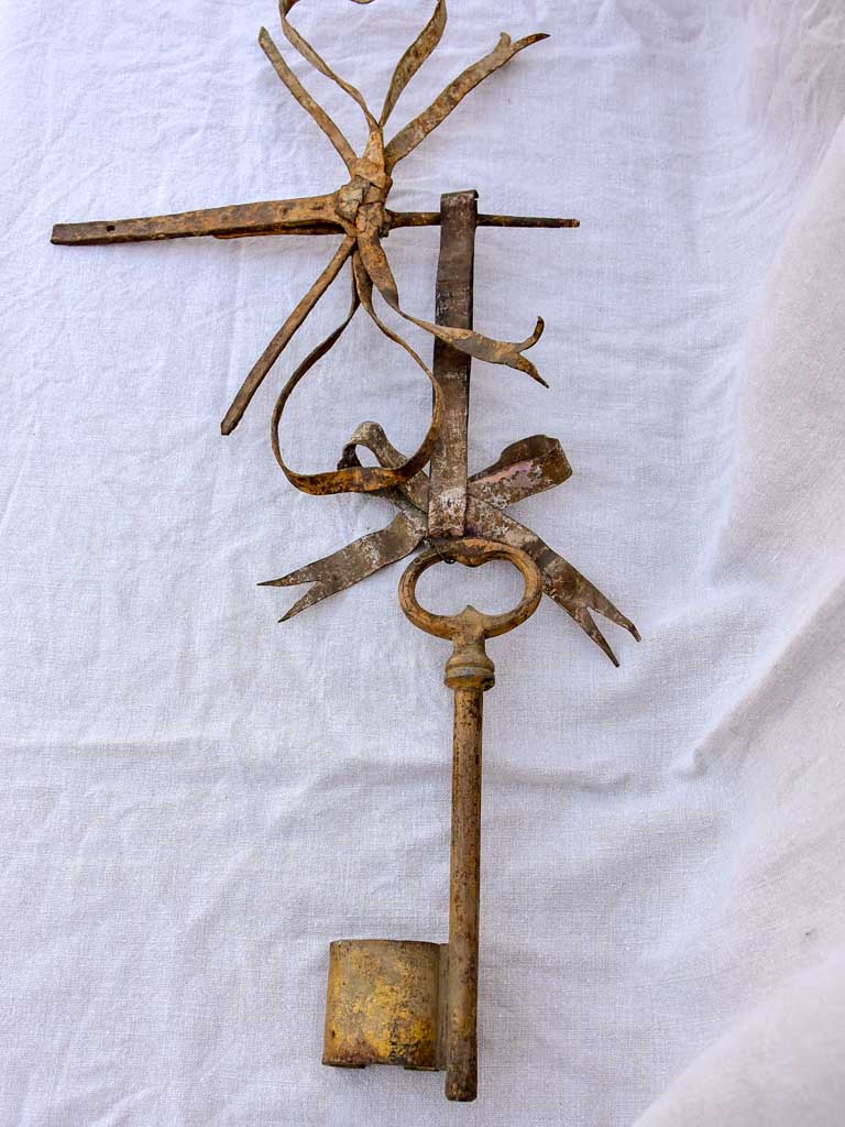 19th Century French Locksmith's sign, key and bow