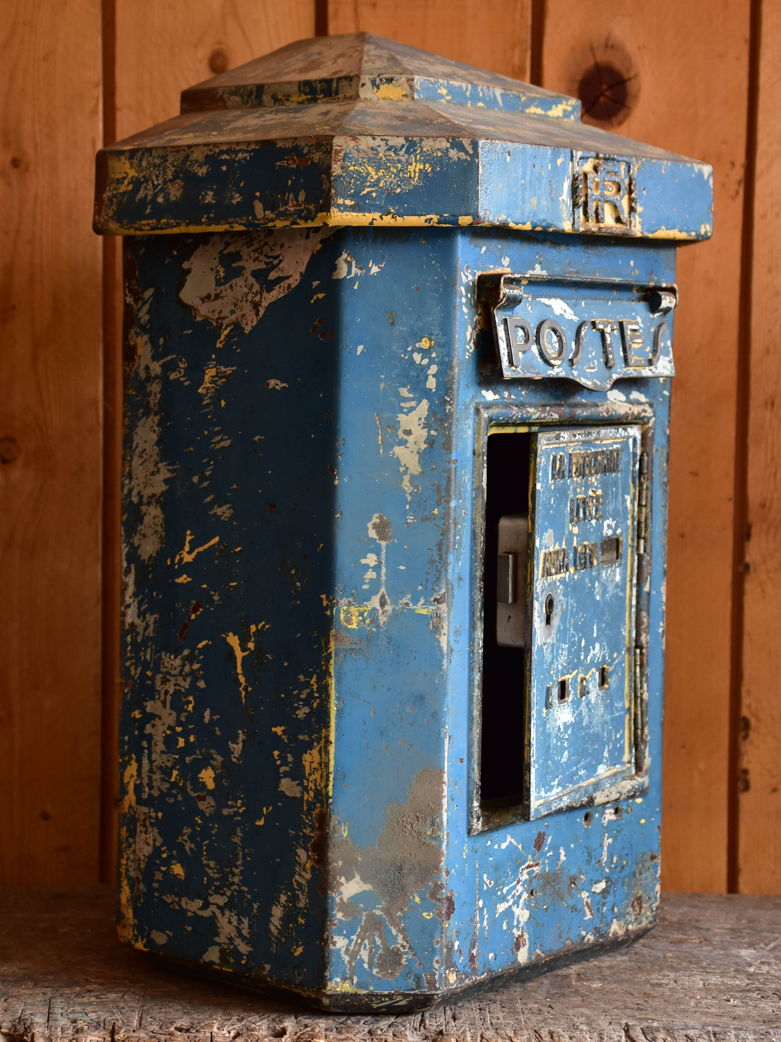 Antique French post box with blue patina