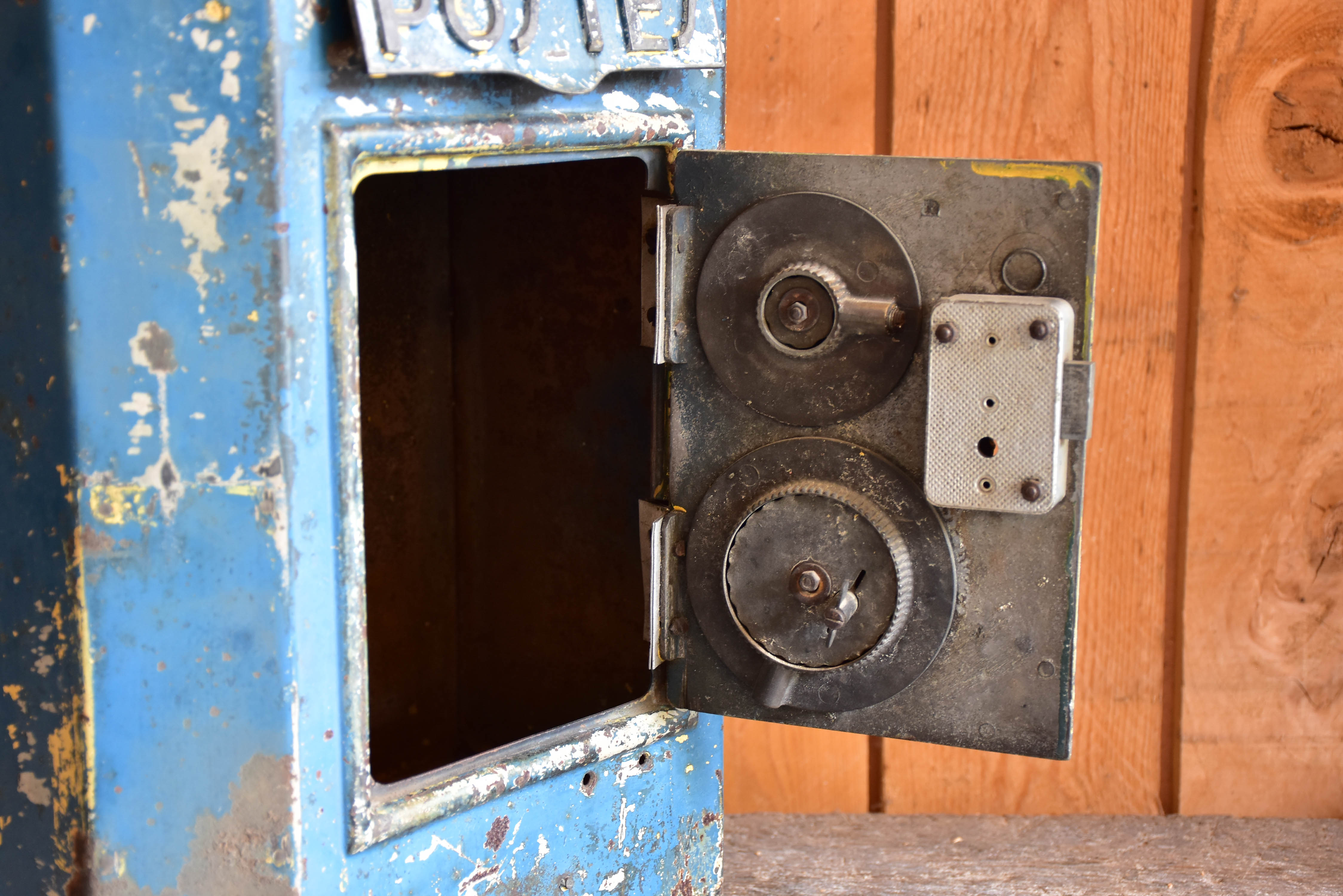 Antique French post box with blue patina