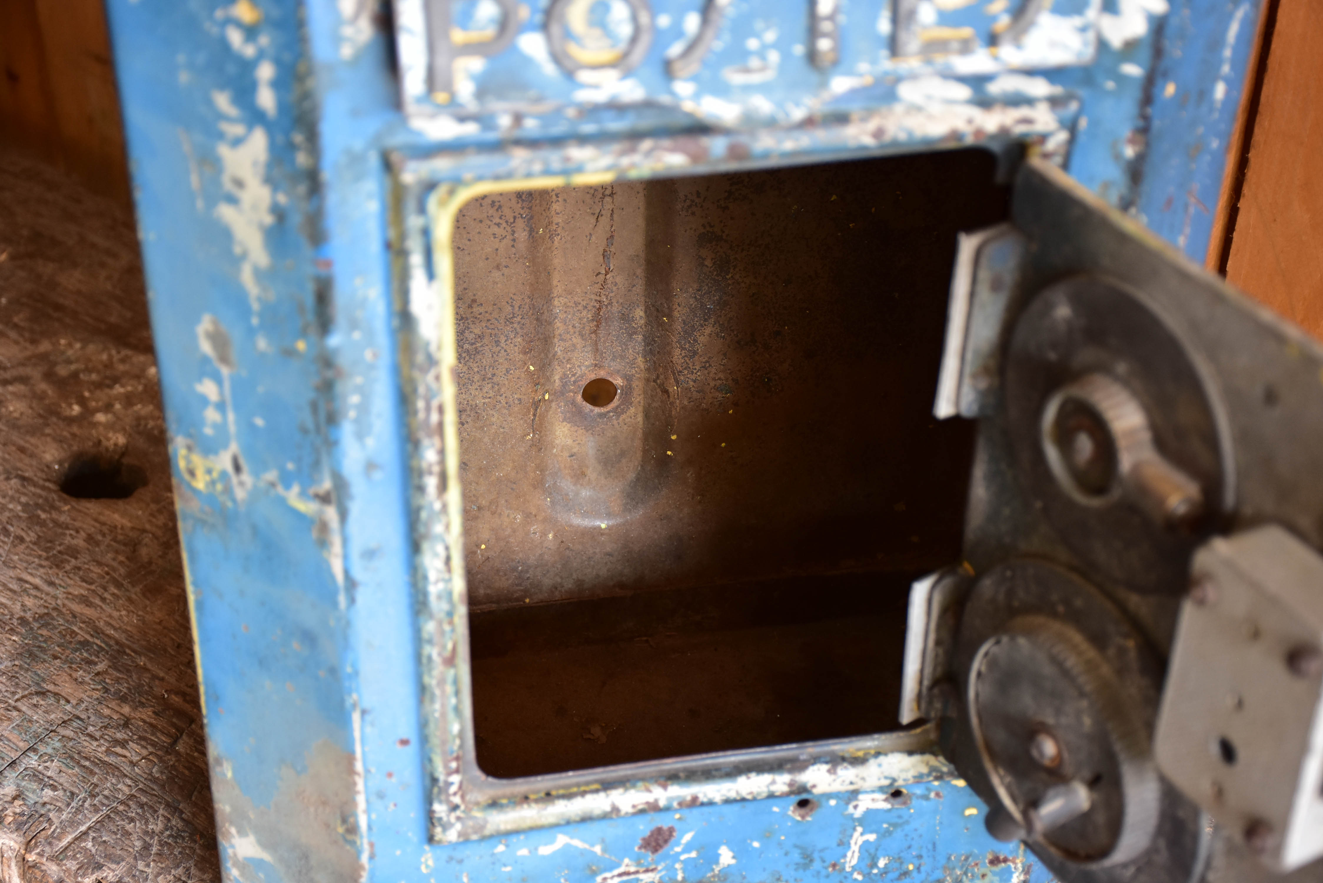 Antique French post box with blue patina