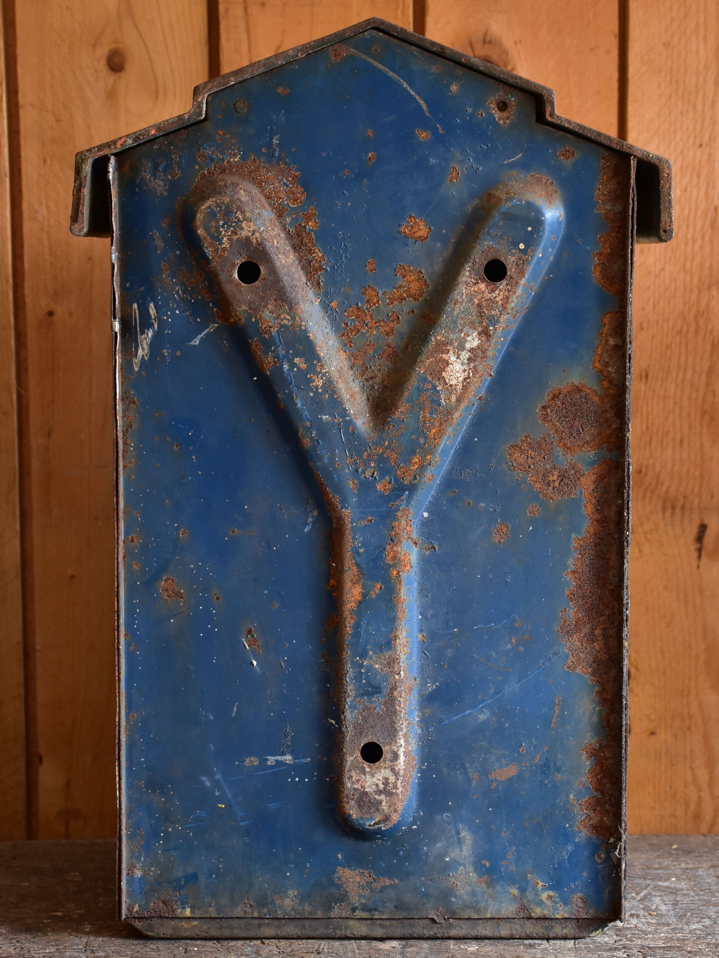 Antique French post box with blue patina