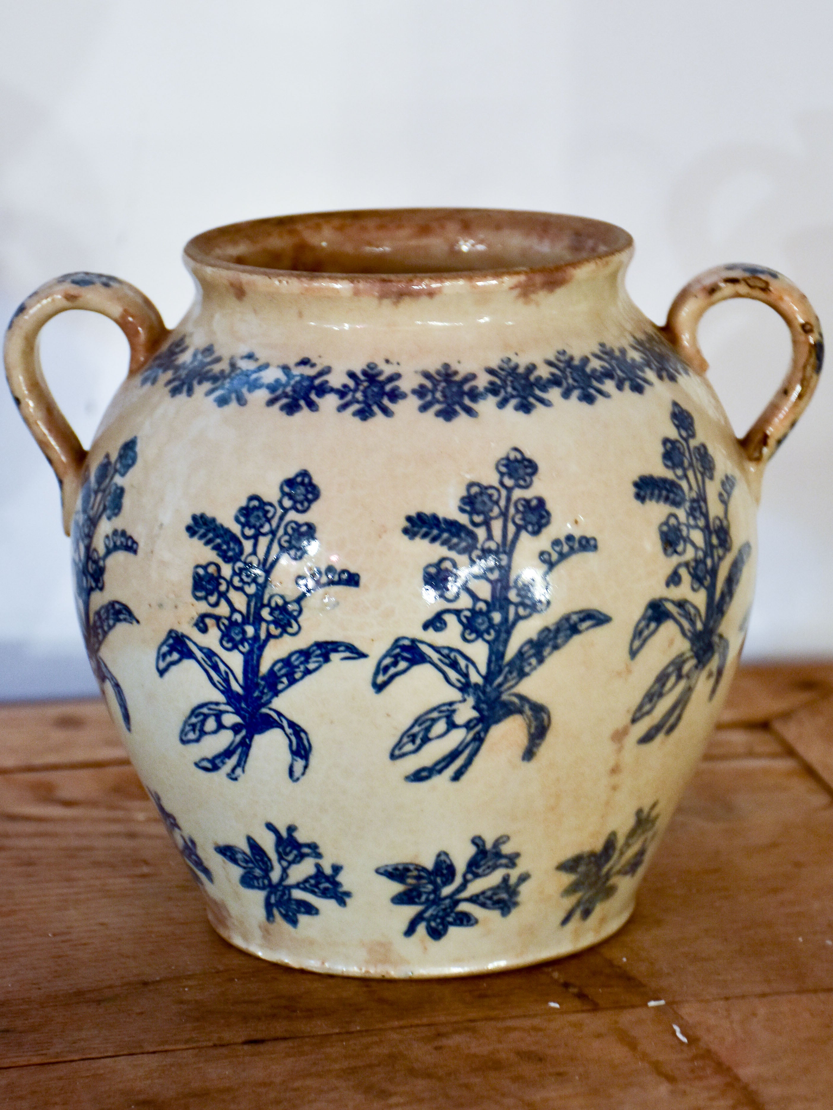 19th century French ironstone blue and white confit pot from Saint-Uze