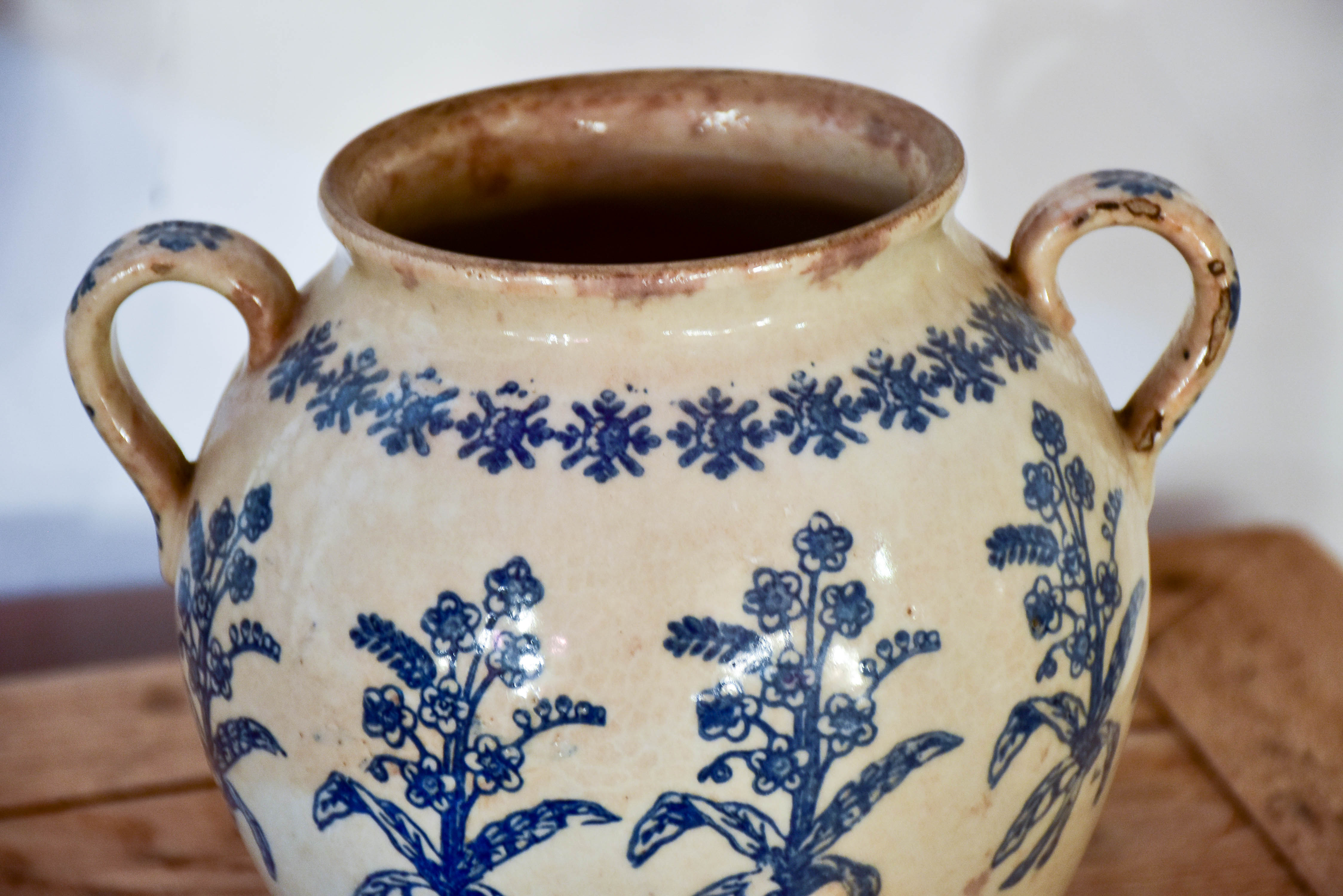 19th century French ironstone blue and white confit pot from Saint-Uze