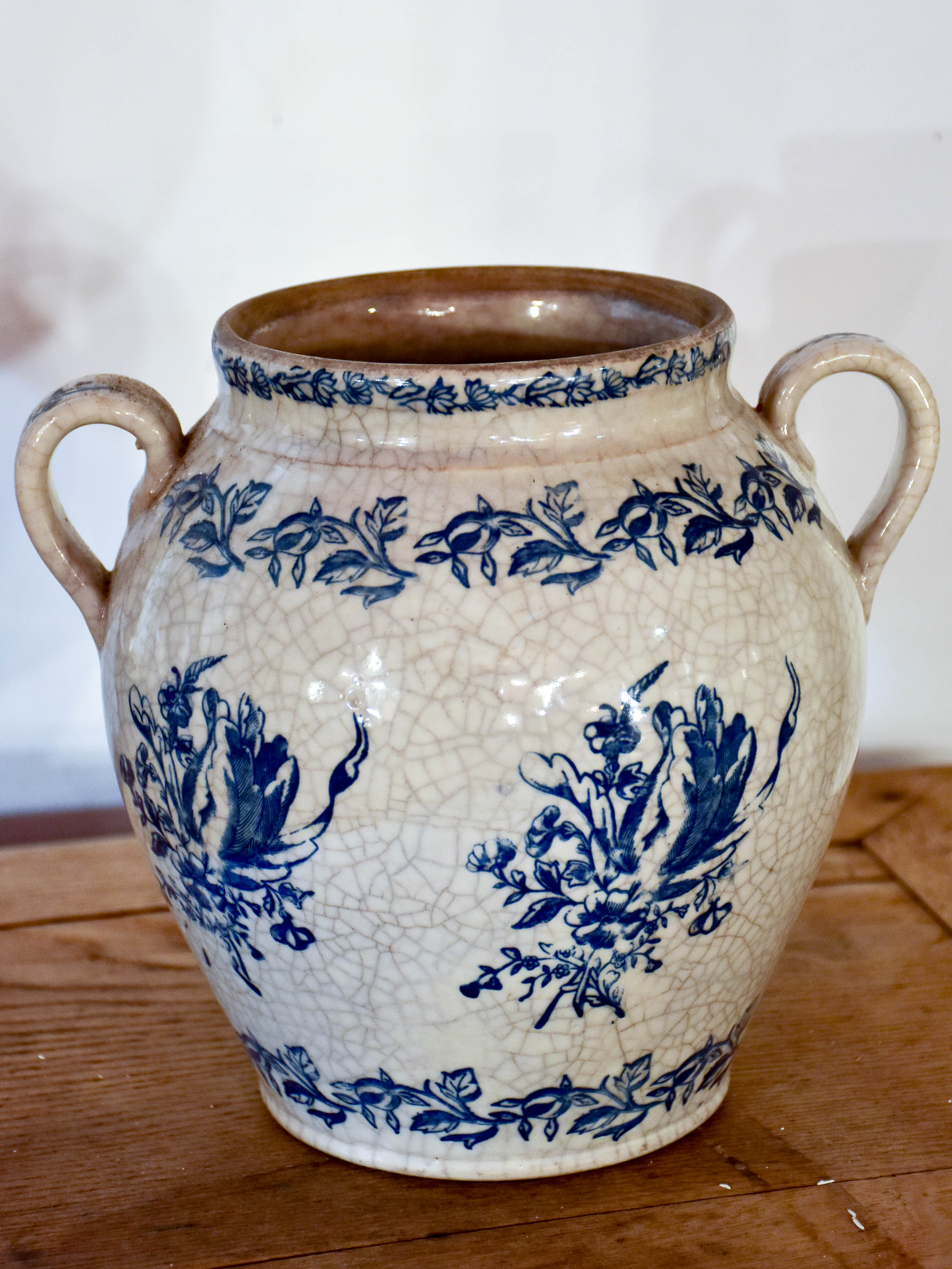 Blue & white 19th century French ironstone confit pot from Saint-Uze