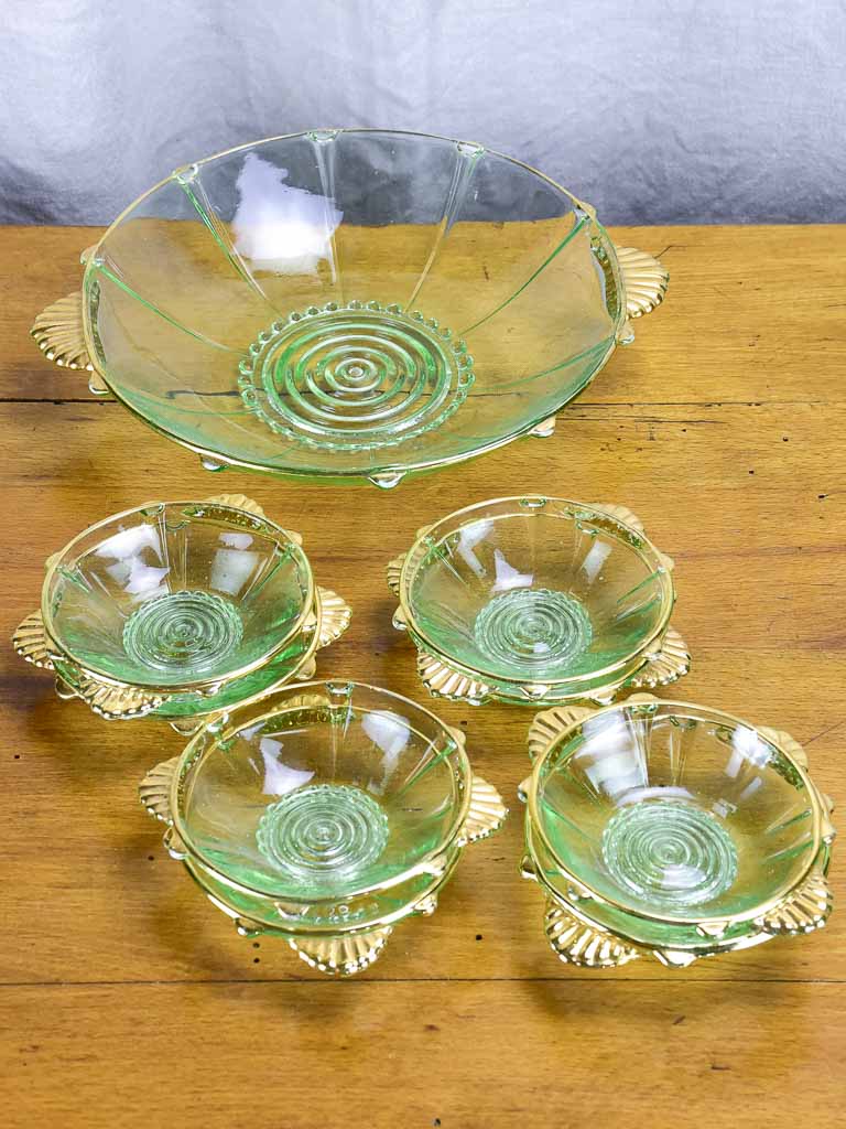 Art Deco Fruit salad serving bowl with eight dishes - green and gold glass