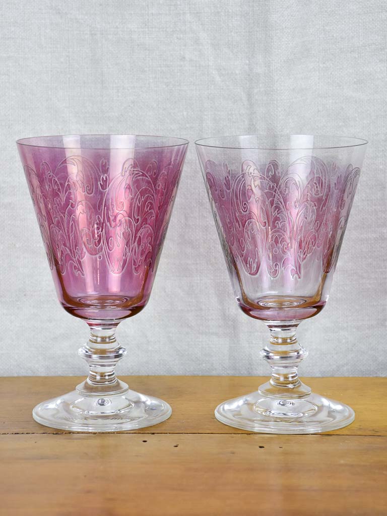 Set of six vintage engraved wine glasses - purple