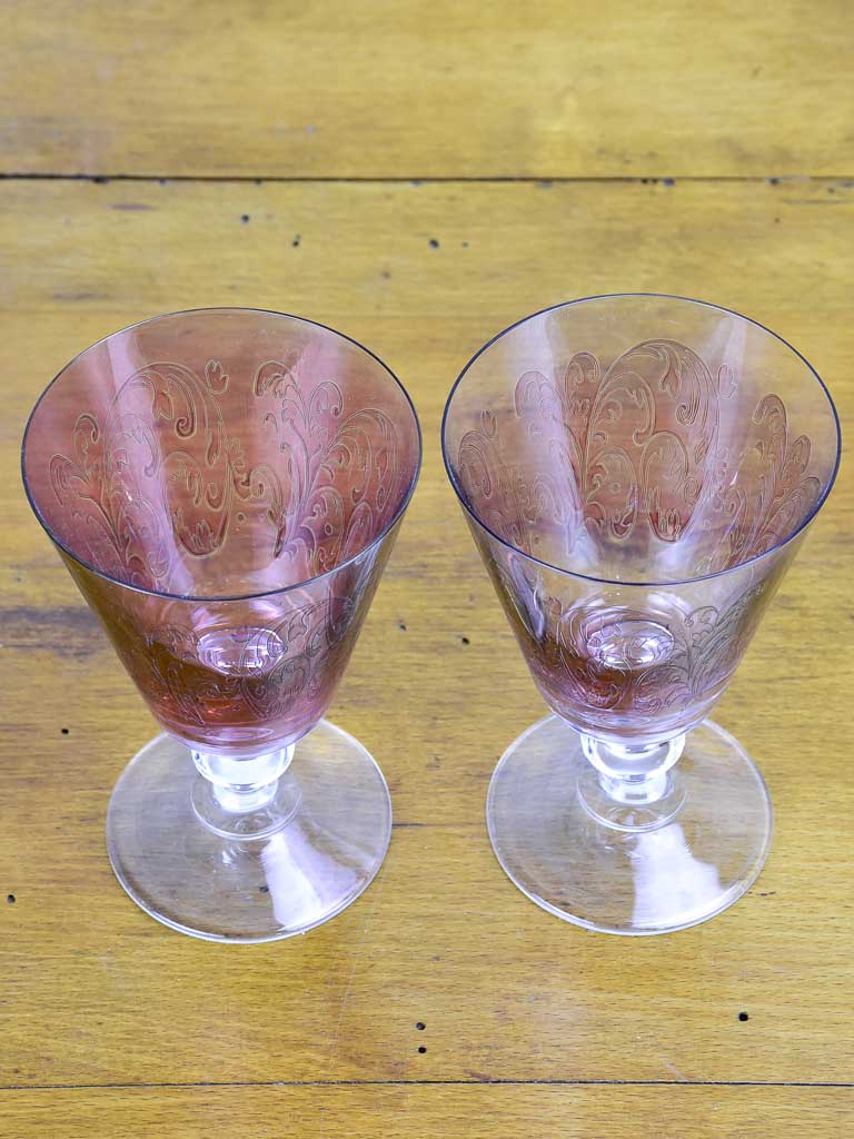 Set of six vintage engraved wine glasses - purple